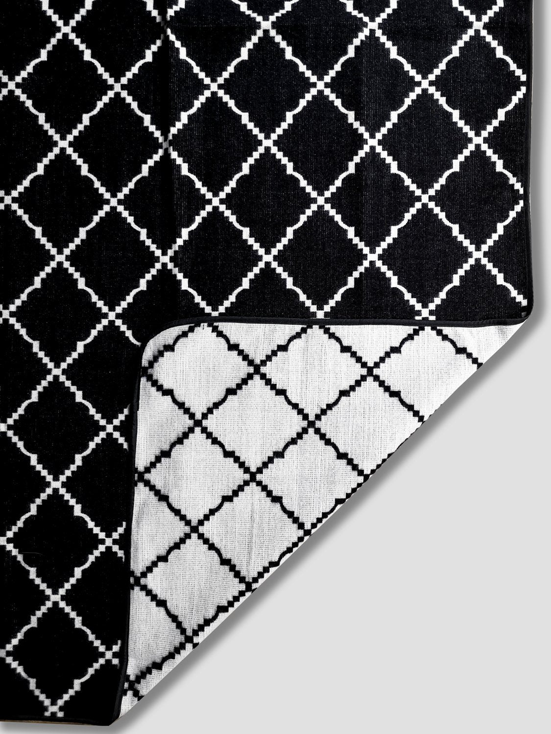 Close up of Royal Reversible Throw Blanket. Image is of classic black and white crisscross pattern and a corner folded to white and black crisscross pattern.