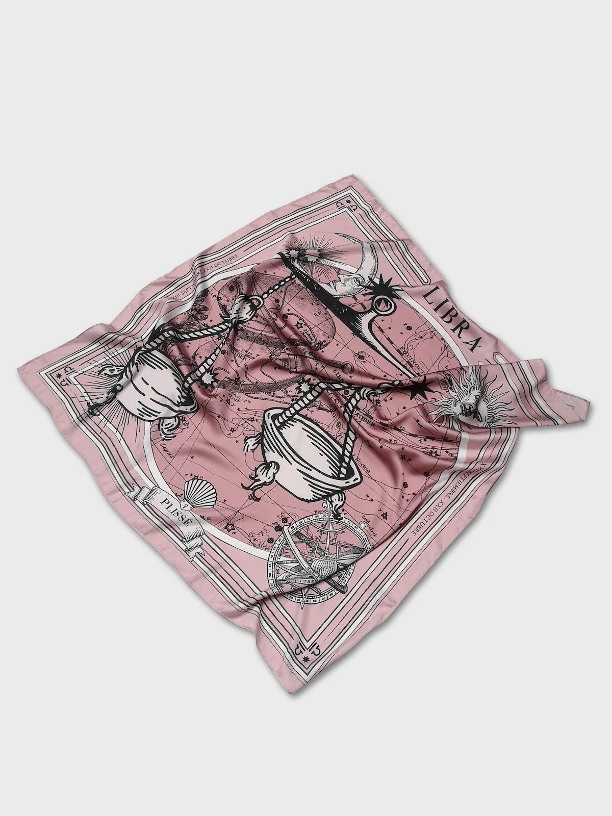 Zodiac Scarf for Libra - EVAMAIAZodiac Scarf for Libra made by Plissé. Image of scales. It is on top of a astrological background. Details like a white ecliptic, sun, and moon. The scarf is pink with white details scrunched on plain background.