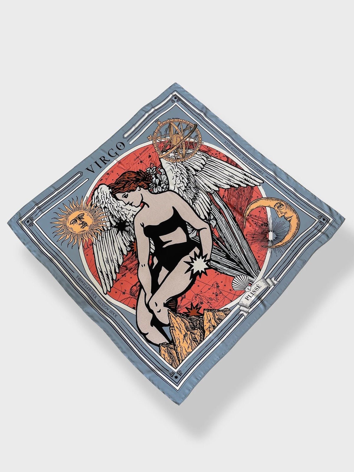 Zodiac Scarf for Virgo made by Plissé. Image of maiden with angel wings. She is on top of a red astrological background. Details of an ecliptic, sun, moon, and mountain range. The scarf is a soft greyish blue color floating on top of a plain white background.