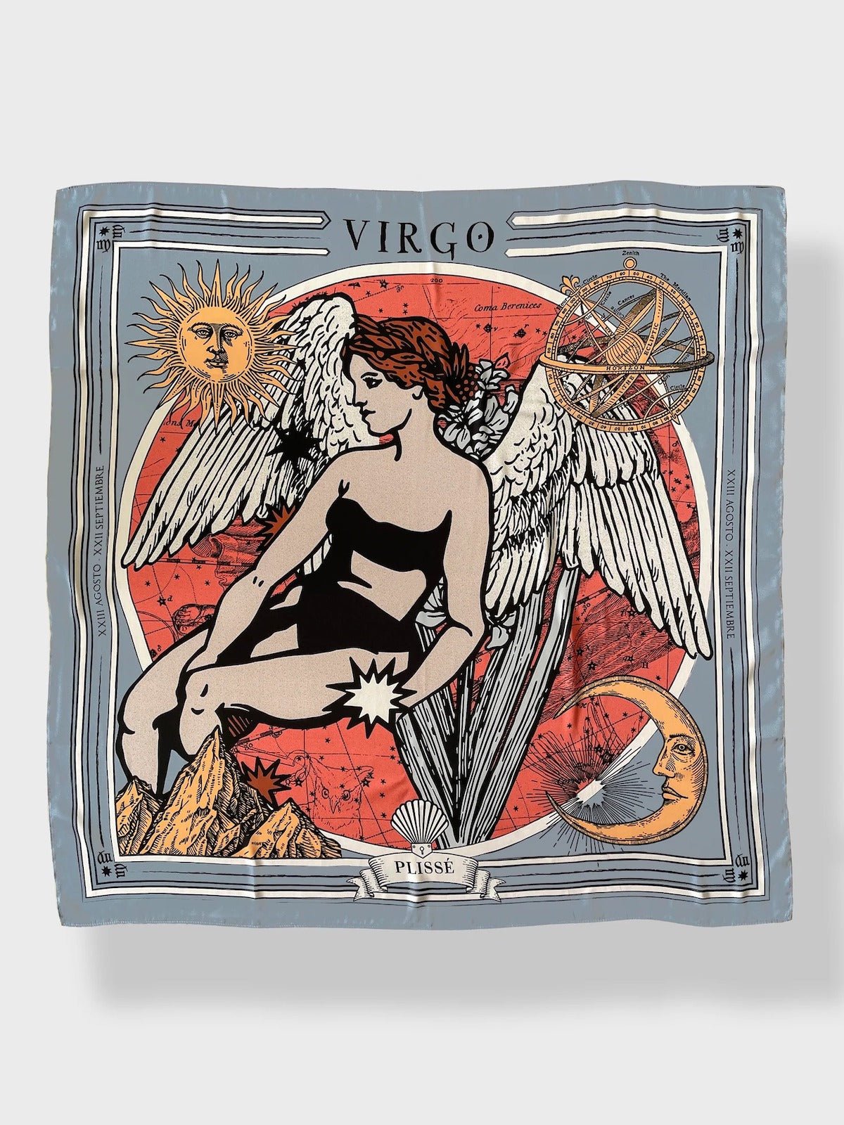 Zodiac Scarf for Virgo made by Plissé. Image of maiden with angel wings. She is on top of a red astrological background. Details of an ecliptic, sun, moon, and mountain range. The scarf is a soft greyish blue color displayed on top of a plain white background.