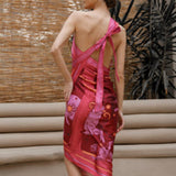 Back of Woman modeling Fire Zodiac Wrap Dress
