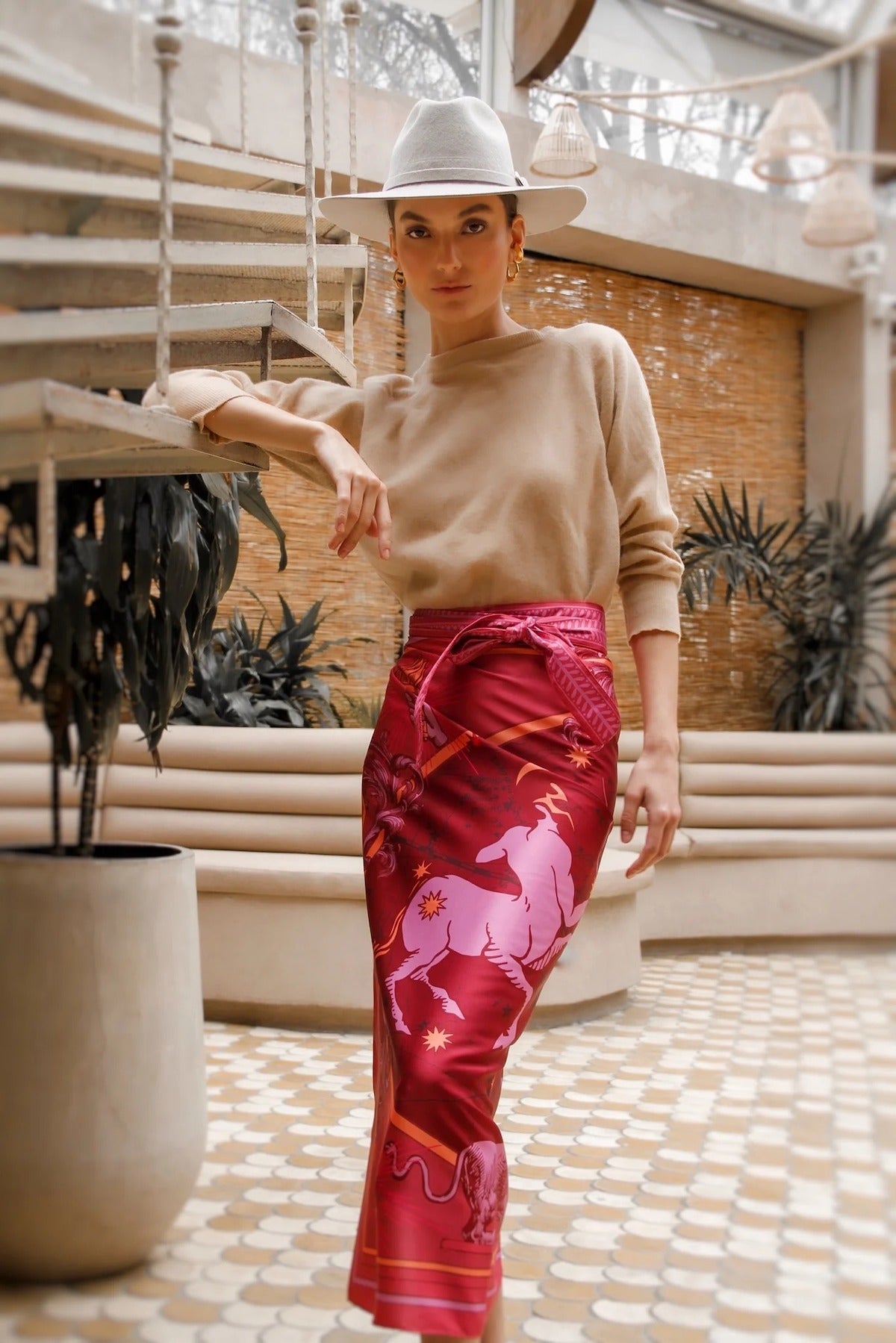 Model wearing Fire Zodiac Wrap Dress with crewneck