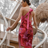 Back of Woman modeling Fire Zodiac Wrap Dress standing on stairs