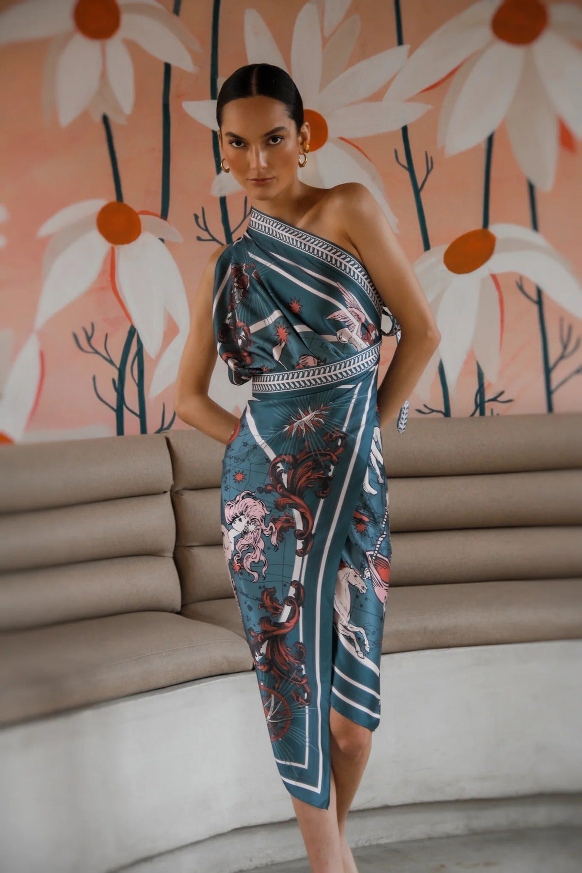 Woman modeling Air Zodiac Wrap Dress with arms crossed in the back