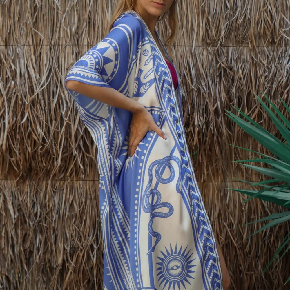 Kimono Nazar by PLISSÉ, black and cream printed kimono made in Colombia. Available at EVAMAIA in Studio City, Los Angeles.
