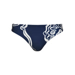 Navy blue bikini bottom with white abstract patterns on a white background.