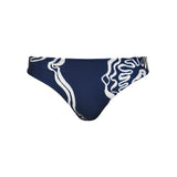 Navy blue bikini bottom with white abstract patterns on a white background.