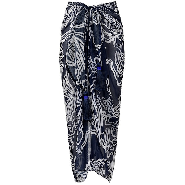 Navy and white patterned sarong on a white background.