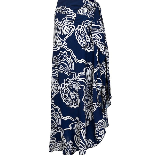 A navy blue maxi skirt with white floral pattern on a white background. 