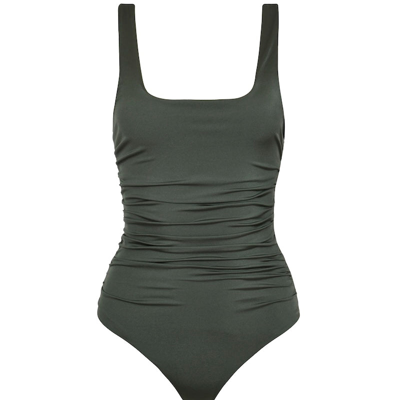Green one-piece swimsuit with a square neckline on a white background. 