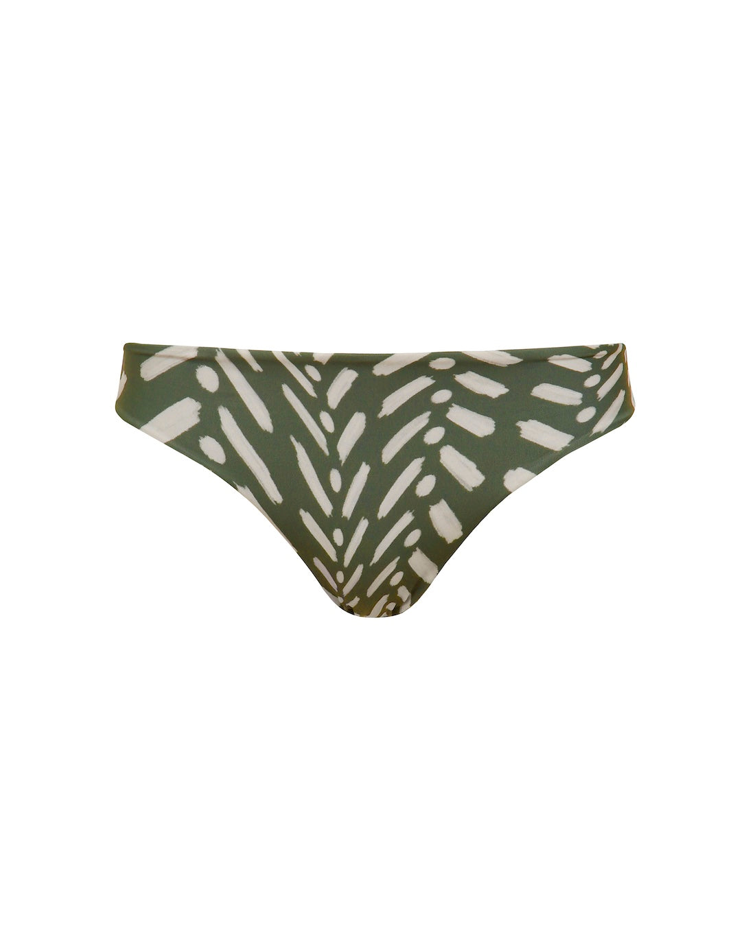 Green and white patterned bikini bottom on a white background.