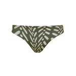 Green and white patterned bikini bottom on a white background.
