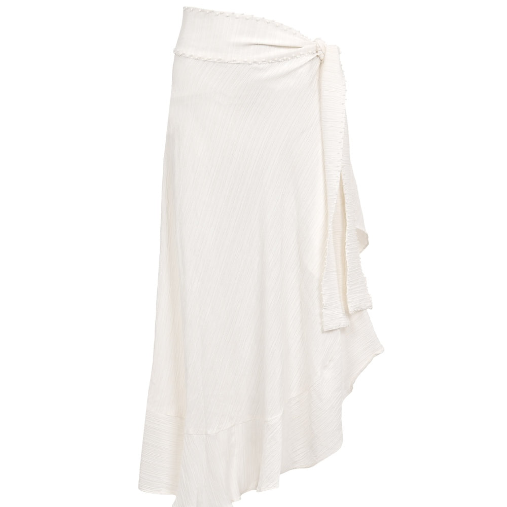 White wrap skirt on a white background.