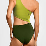 Green one-shoulder swimsuit with rouching and side cut. 
