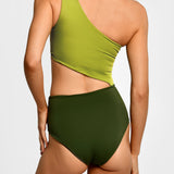 Green one-shoulder swimsuit with rouching and side cut. 