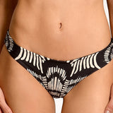 Black and white patterned bikini bottom on a plain background.