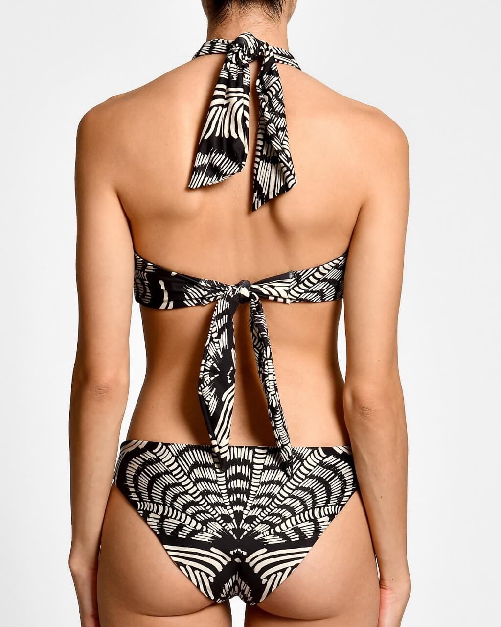 Black and white patterned bikini on a plain background.