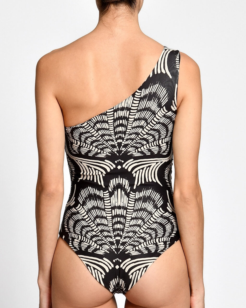 Black and white patterned one-piece swimsuit on a plain background.