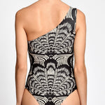 Black and white patterned one-piece swimsuit on a plain background.