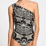 Black and white patterned one-shoulder swimsuit on a plain background.