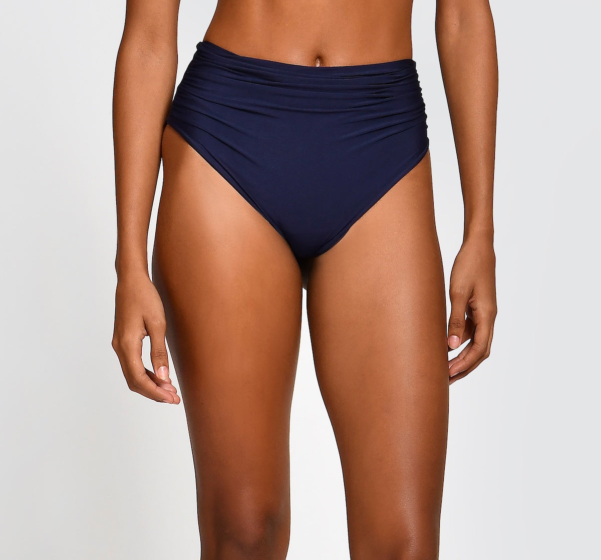 Navy blue high-waisted bikini bottom on a plain background