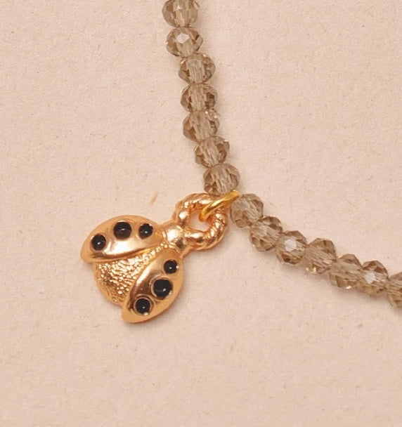 Close-up of a gold necklace with a ladybug charm on a beige background