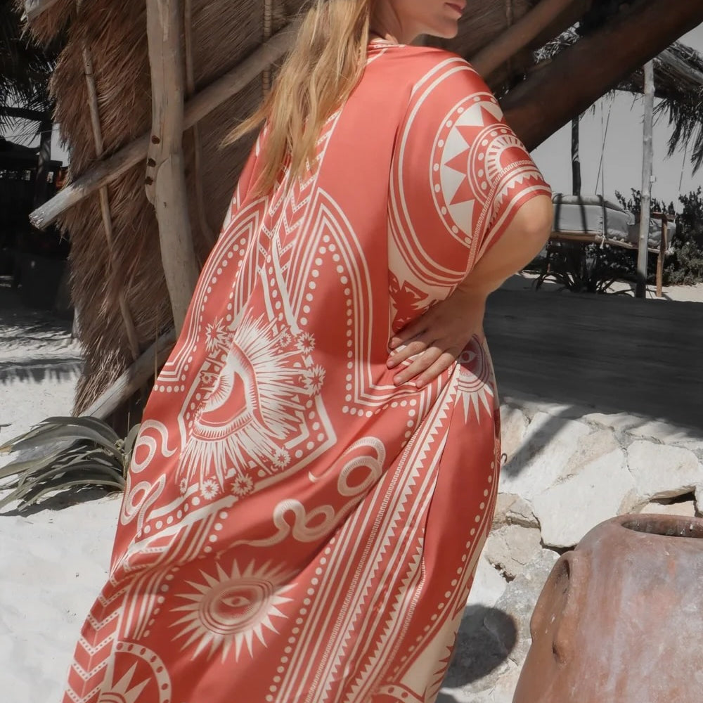 Kimono Nazar by PLISSÉ, black and cream printed kimono made in Colombia. Available at EVAMAIA in Studio City, Los Angeles.