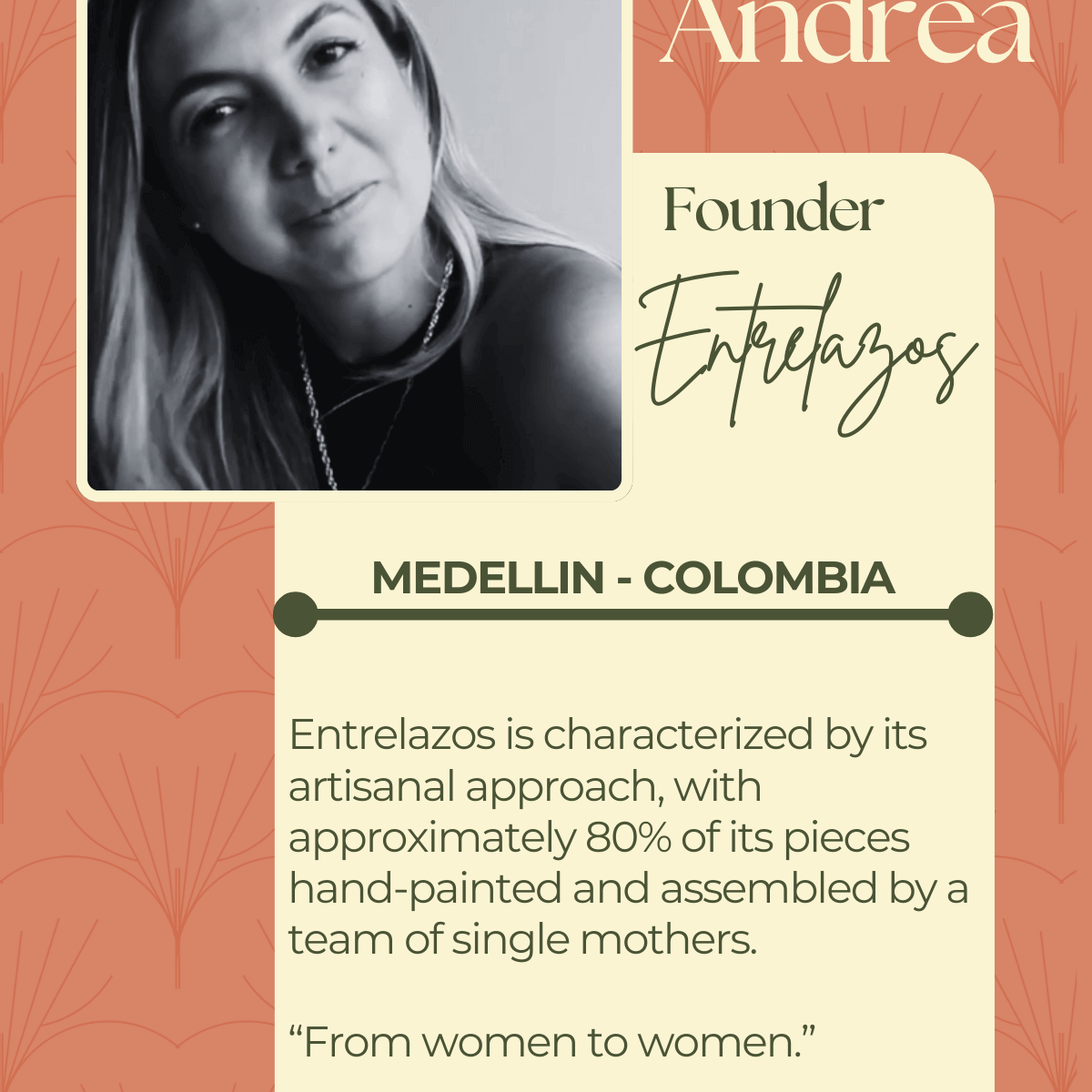 A title card of Andrea the founder of Entrelazos.