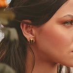 Close-up of a woman wearing earrings with a blurred natural background