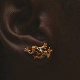 Close up of gold frog-shaped earring worn on an ear.