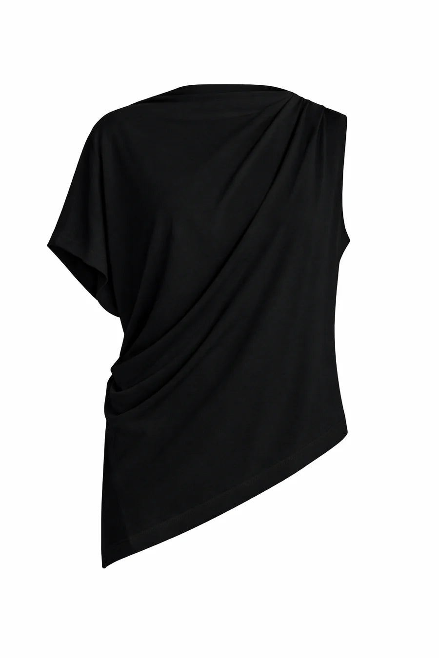 A black draped asymmetrical top with short sleeves, shown from the back on a plain white background.