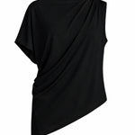 A black draped asymmetrical top with short sleeves, shown from the back on a plain white background.