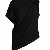 A black draped asymmetrical top with short sleeves, shown from the back on a plain white background.