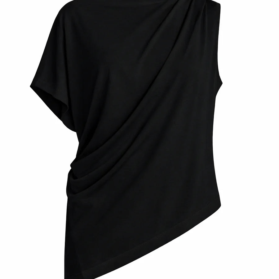 A black draped asymmetrical top with short sleeves, shown from the back on a plain white background.