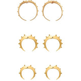 Set of gold crescent hoop earrings on a white background.