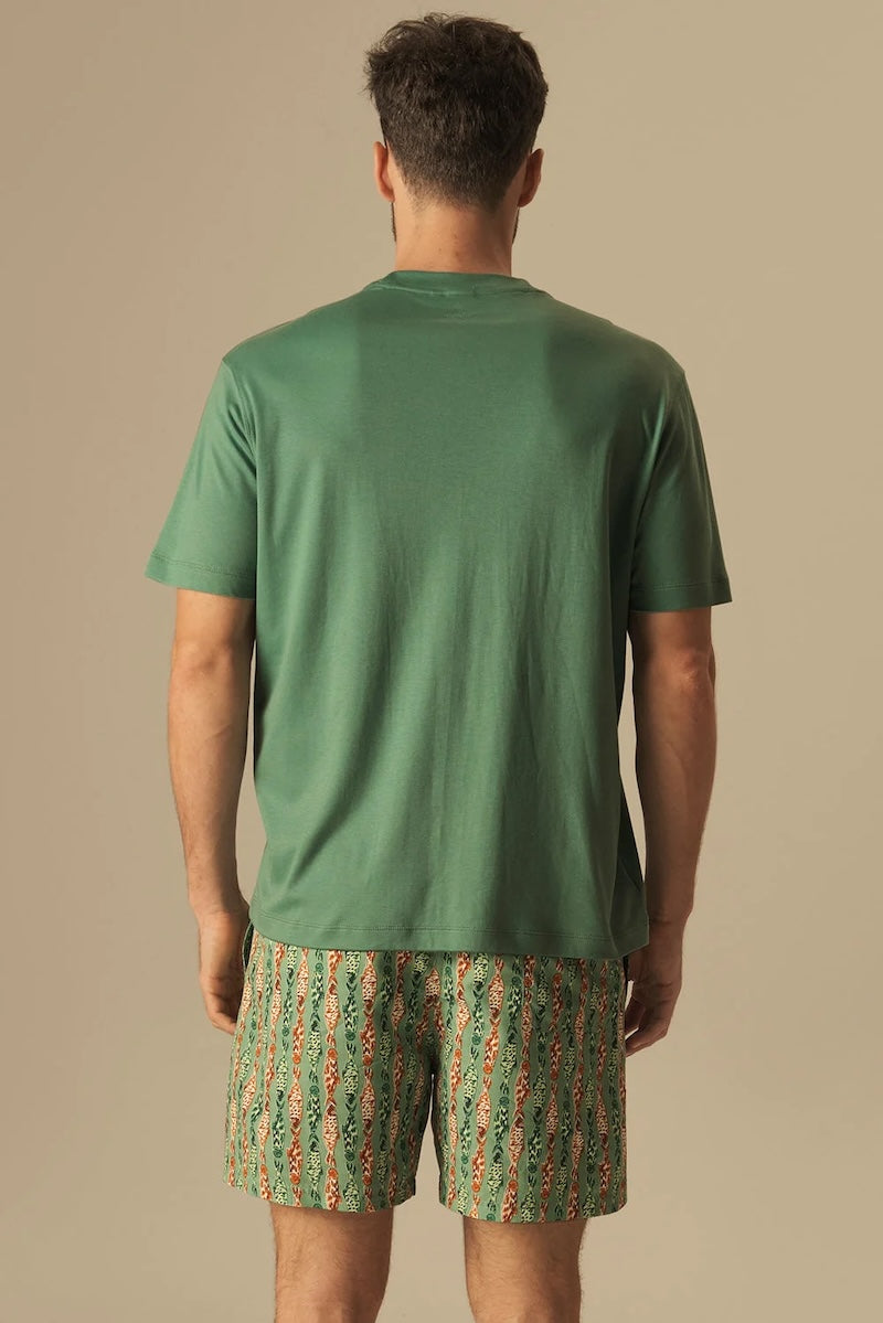 Man wearing a green t-shirt and fish patterned swim shorts on a beige background.