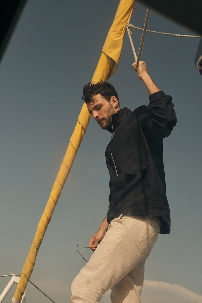 Man on a sail boat against a clear sky.