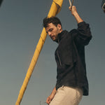 Man on a sail boat against a clear sky.