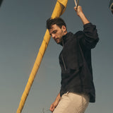 Man on a sail boat against a clear sky.