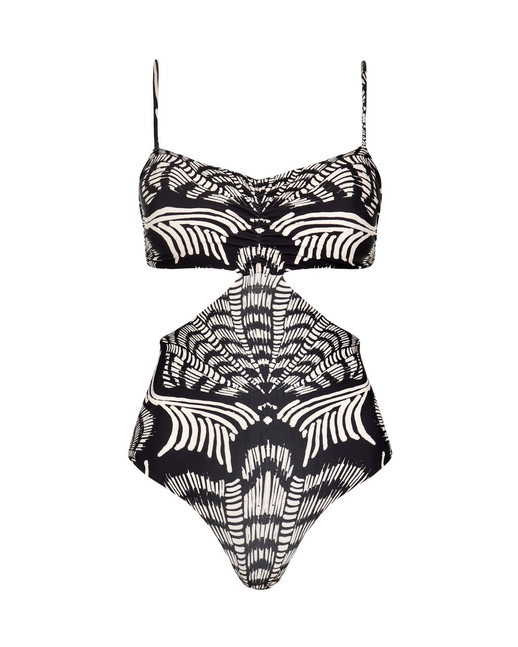 Black and white patterned one-piece swimsuit with side cut-outs on a white background. 
