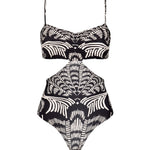Black and white patterned one-piece swimsuit with side cut-outs on a white background. 