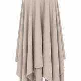 A high-waisted, flowing midi skirt in a light taupe-beige color, featuring an asymmetrical layered hemline, shown against a plain white background.