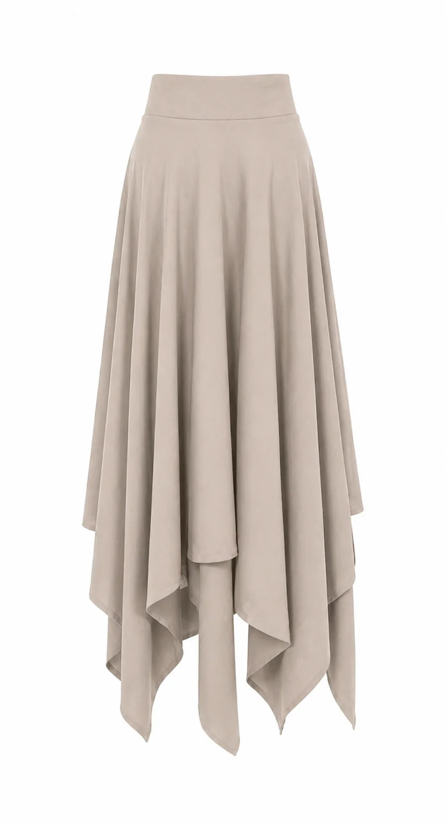 A high-waisted, flowing midi skirt in a light taupe-beige color, featuring an asymmetrical layered hemline, shown against a plain white background.