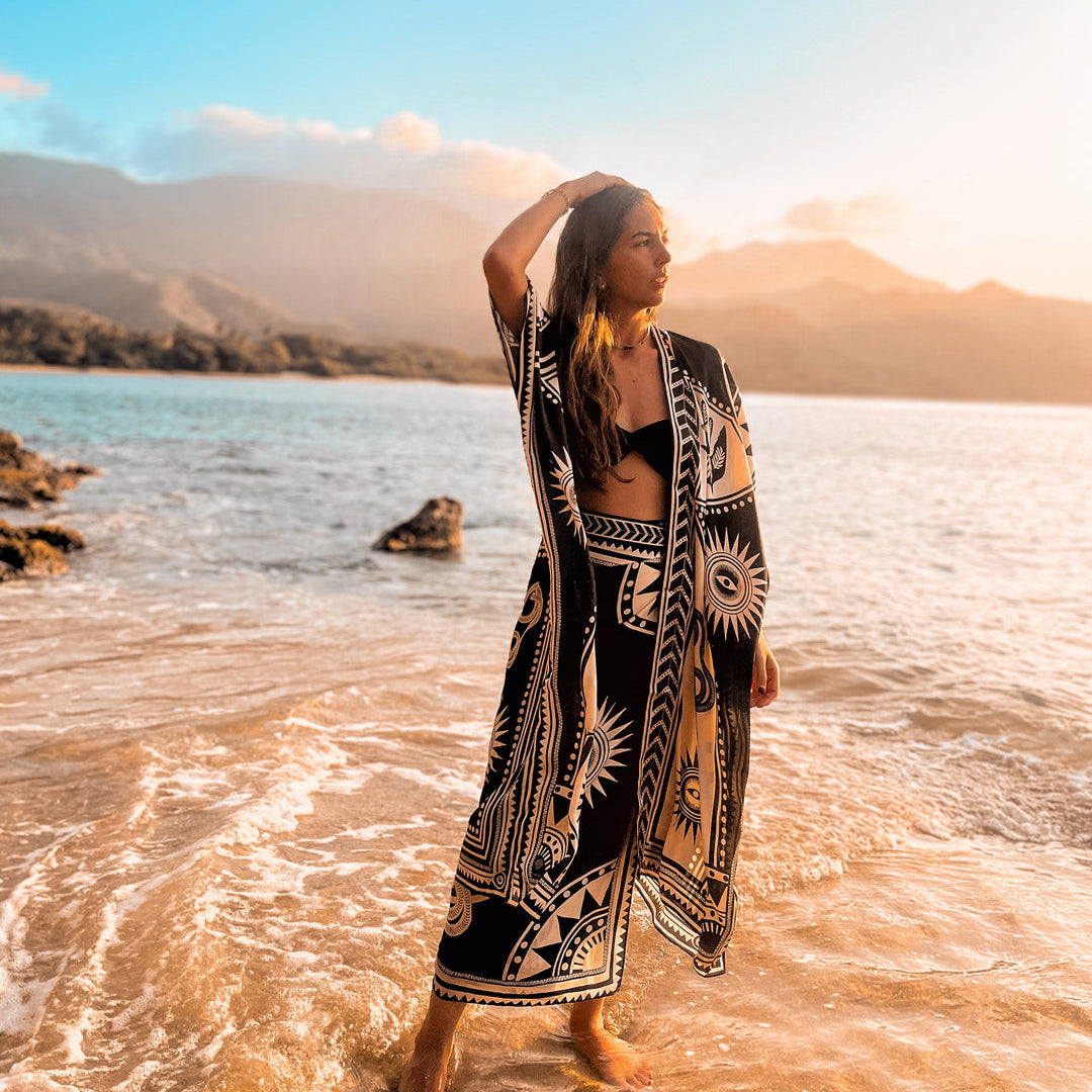 Kimono Nazar by PLISSÉ, black and cream printed kimono made in Colombia. Available at EVAMAIA in Studio City, Los Angeles.