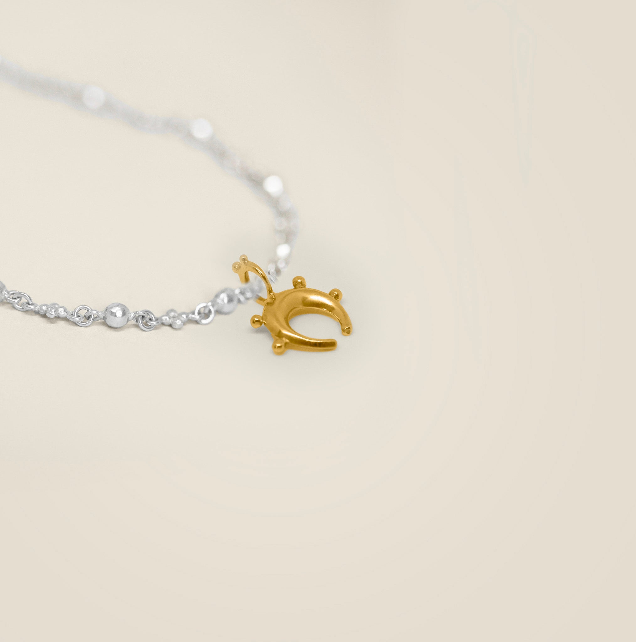 Gold horse shoe charm on a silver chain against a beige background