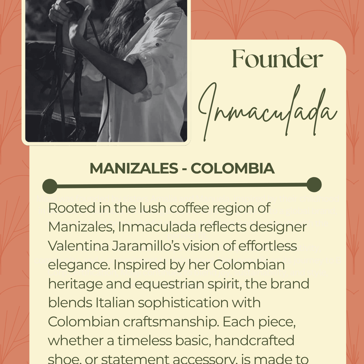 Promotional image of Valentina Jaramillo, founder of Inmaculada, with text about the brand's inspiration and values.