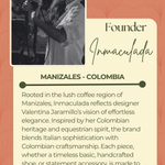 Promotional image of Valentina Jaramillo, founder of Inmaculada, with text about the brand's inspiration and values.