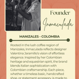 Promotional image of Valentina Jaramillo, founder of Inmaculada, with text about the brand's inspiration and values.