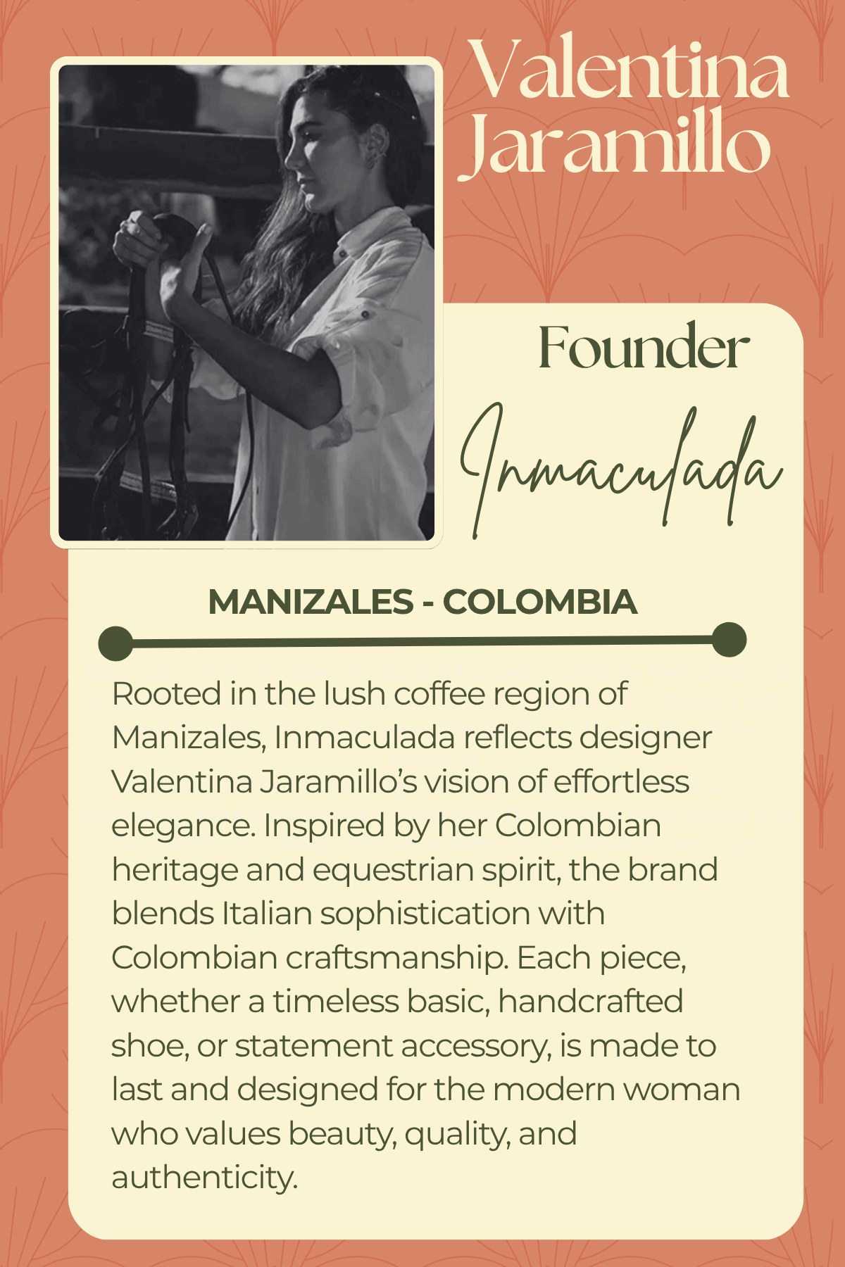 Promotional image of Valentina Jaramillo, founder of Inmaculada, with text about the brand's inspiration and values.
