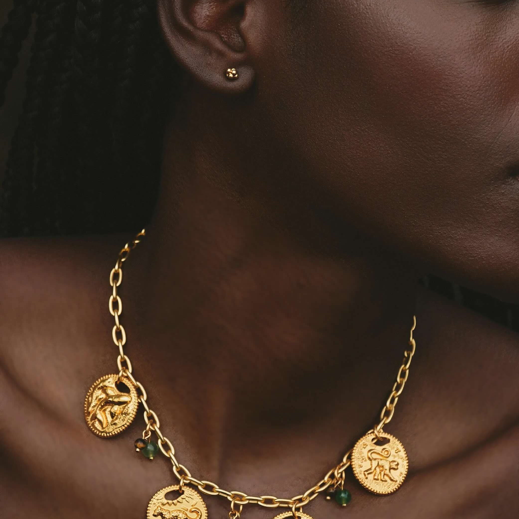 Maximalist necklace set with jaguar, whale shark, turtle, and tamarin charms, 24k gold plated
